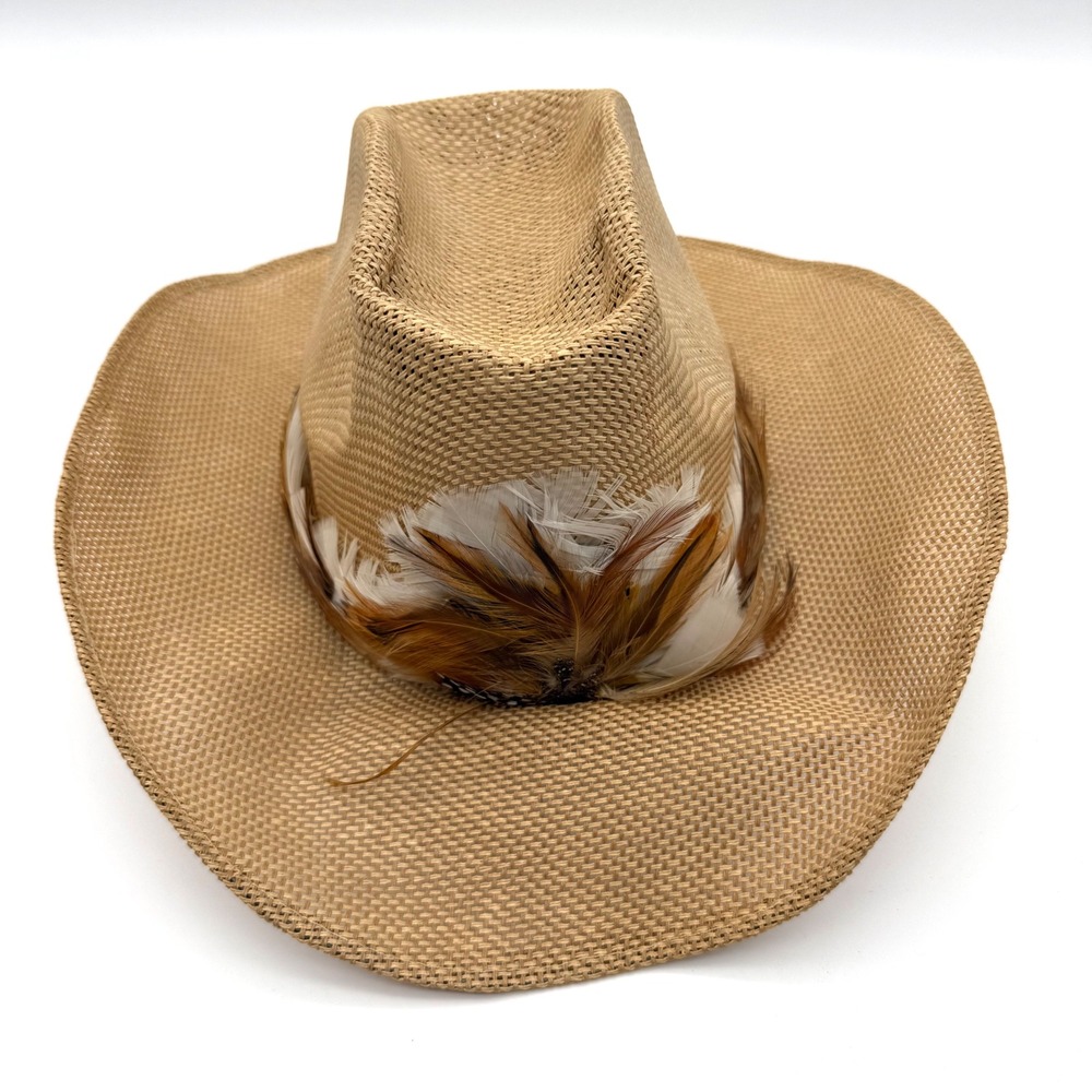Vintage Sombreros Jesal Cowboy Hat Size 56 Woven Straw Feather Band Western